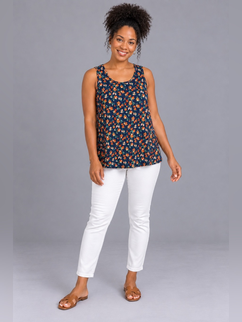 Old Navy Luxe Navy Floral Tank Top Medium Relaxed A Line